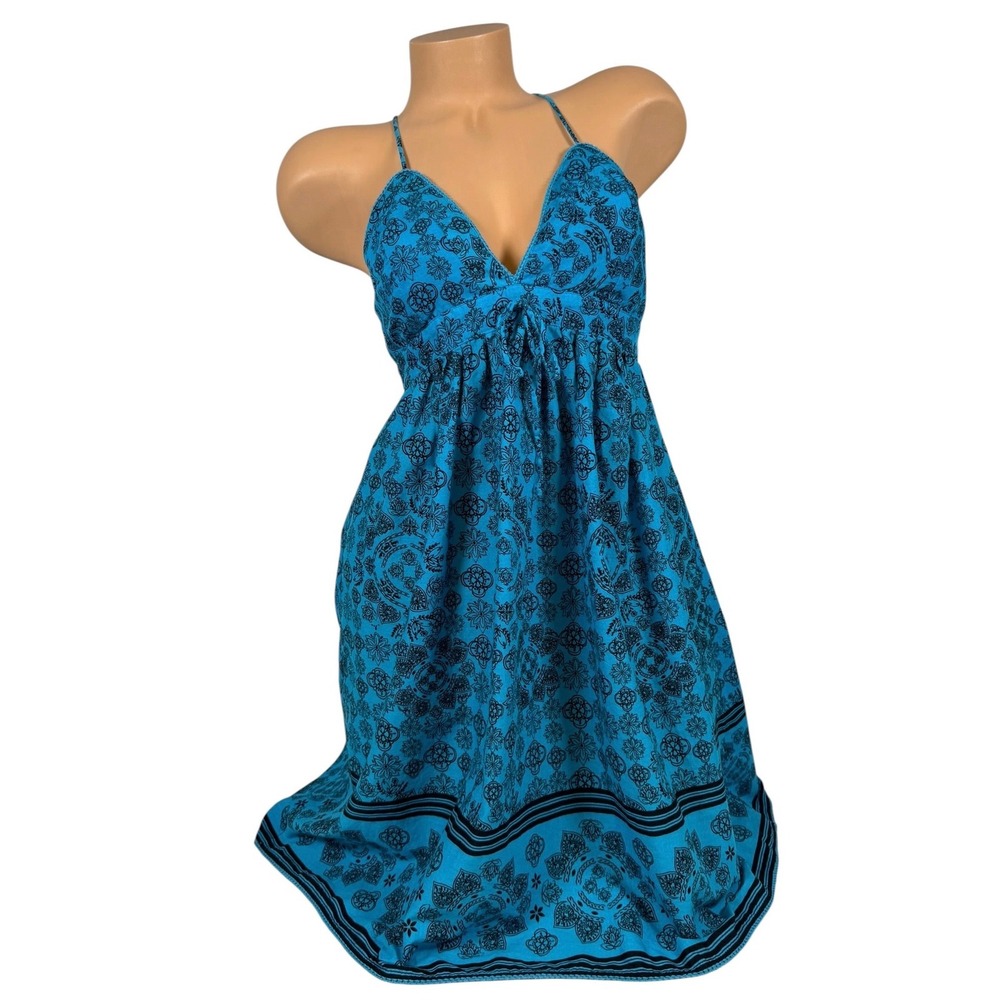 L.e.i. Blue Floral Medallion Boho Sundress Cotton Smocked Back Juniors Large